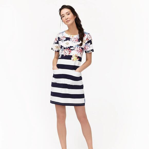 Joules Women's Seren Jersey Woven Mix Dress - Stripe Whitstable Floral Size 6 - Picture 1 of 7